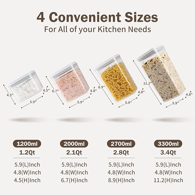 12 Pcs Pop Food Storage Containers Airtight Food Storage Containers Set with Lids Kitchen Pantry Organization and Storage, 3.4Qt, 2.8Qt, 2.1Qt, 1.2Qt
