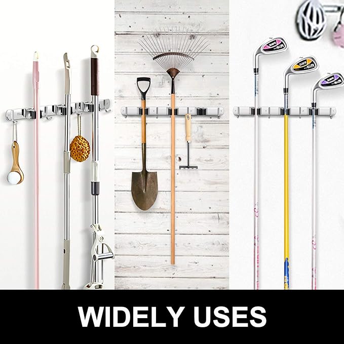 IMILLET Broom and Mop Holder Wall Mounted, Stainless Steel Broom Holder Mop Holder Self Adhesive Heavy Duty Hooks Storage Organizer for Home Laundry Room Garden Garage(3 Racks with 4 Hooks)-NeatNest