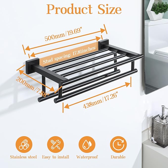 Alise Towel Rack,Large Towel Holder Towel Shelf with Double Towel Bars for Bathroom Lavatory,SUS 304 Stainless Steel Wall Mount Towel Hanger,Matte Black,20 Inch