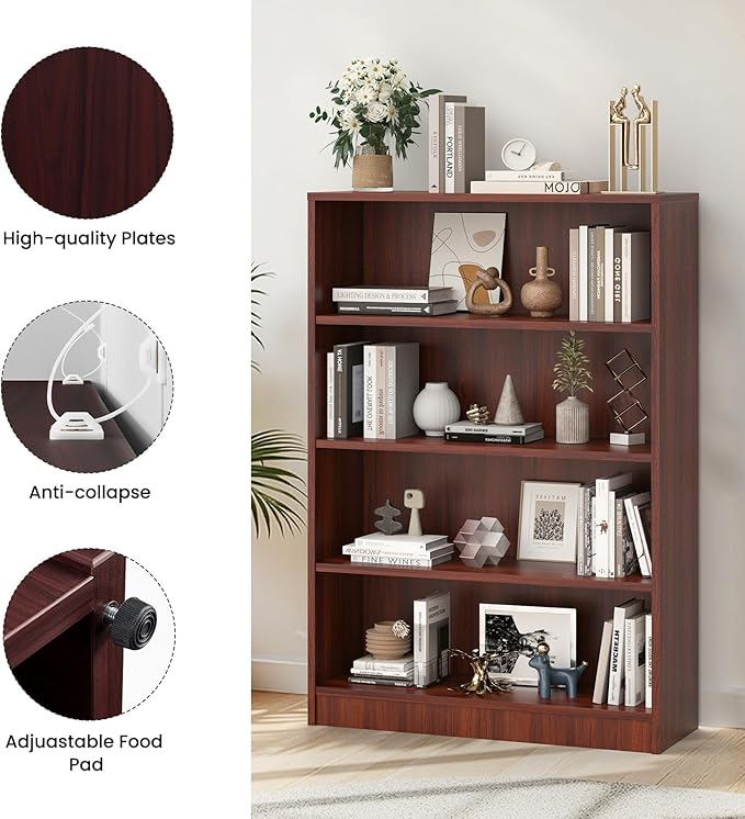 Farini 48 Inch Tall 4-Shelf Bookcase, Wood Bookshelf Storage Organizer Adjustable Shelf for Home Office, Study Room, Easy Assembly,Mahogany