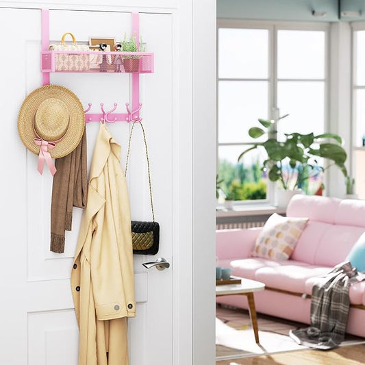Consumest Over The Door Hooks Organizer - Over Door Hanger with 16 Hooks & 2 Baskets for Hanging Coat, Clothing, Towel, Back Storage for Bathroom, Closet, College Dorm, Pink-NeatNest
