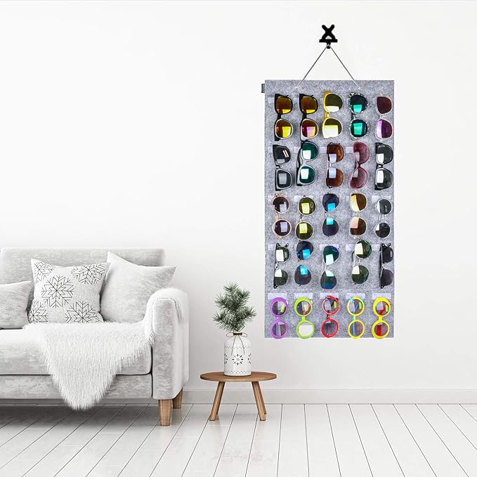AROUY Sunglasses Organizer Storage, Hanging Wall Pocket Glasses Organizer - 25 Felt Slots Sunglass Organizer Holder Eyeglass Display with Sturdy Rope (Gray, Large)-NeatNest