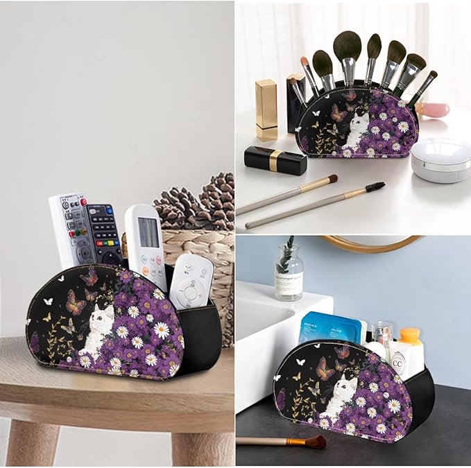 Cute White Cat Butterfly Print TV Remote Control Organizer PU Leather Desktop Storage Box,Table Caddy,Desktop Storage for Media Players/Controllers/Eyeglasses/Makeup Brushes/Pens-NeatNest