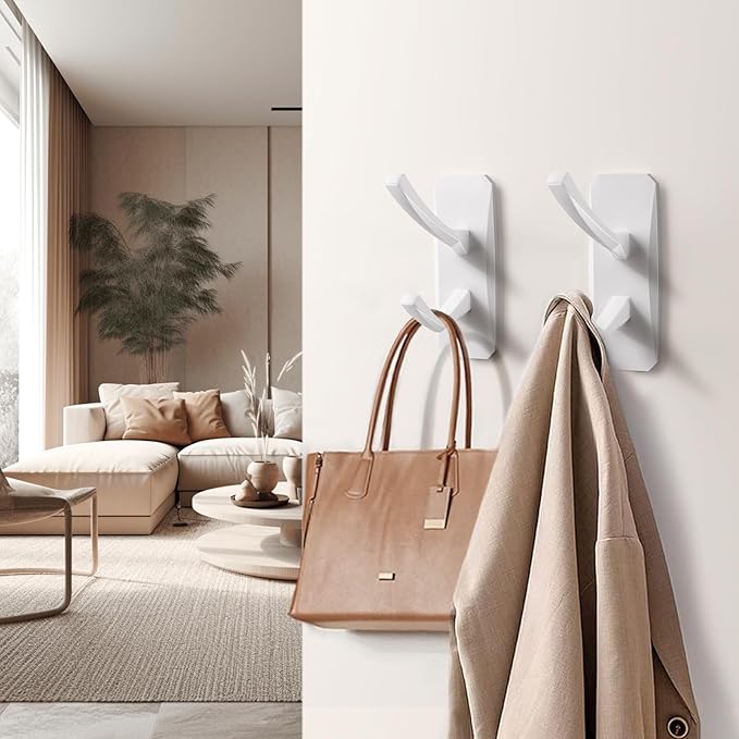 INVIHUG, Large Size Modern Adhesive Wall Hooks, Heavy Duty RV Hooks for Hanging Jacket, Coat, Towel, Robe, Loofah in Bathroom, Kitchen and Office Wall Mount (2 Packs, White)