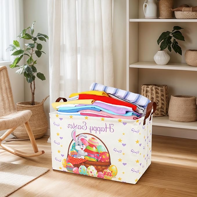 Easter Basket for Kid Large Empty Baby Rectangular Cute Easter Gift Storage Basket Bunny Eggs Décor (Rabbit Purple Bow Tie)-NeatNest