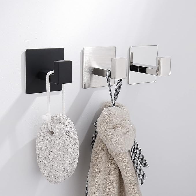2PC SUS304 Stainless Steel Bathroom Self Adhesive Towel Hook Hanger Chrome Finish Coat Hook Robe Hook Hanger Without Drilling Easy Installation … (Self Adhesive, 2PC) …