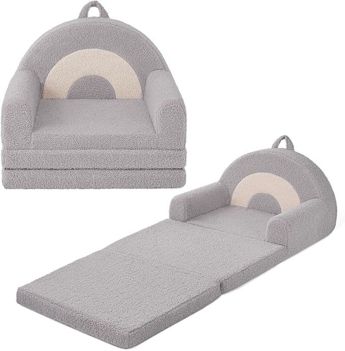 Blissful Diary Foldable Toddler Couch, 2-in-1 Comfy Toddler Chair & Lounger for Reading, Nap, Playroom, Kids Couch Sofa for 1 2 3+ Year Old Girls Boys Birthday Gift, Light Gray Arclet-NeatNest