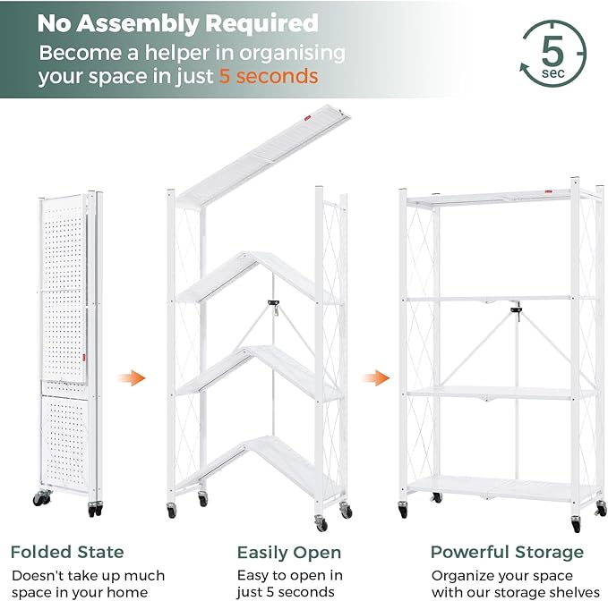 DEANIC 4 Tier Foldable Storage Shelves with Wheels, Large Capacity Shelving Unit, Freestanding Metal Wire Shelf Rack, No Assembly Organizer Rack for Garage Kitchen, Basement, Pantry(White Pack of 2)-NeatNest