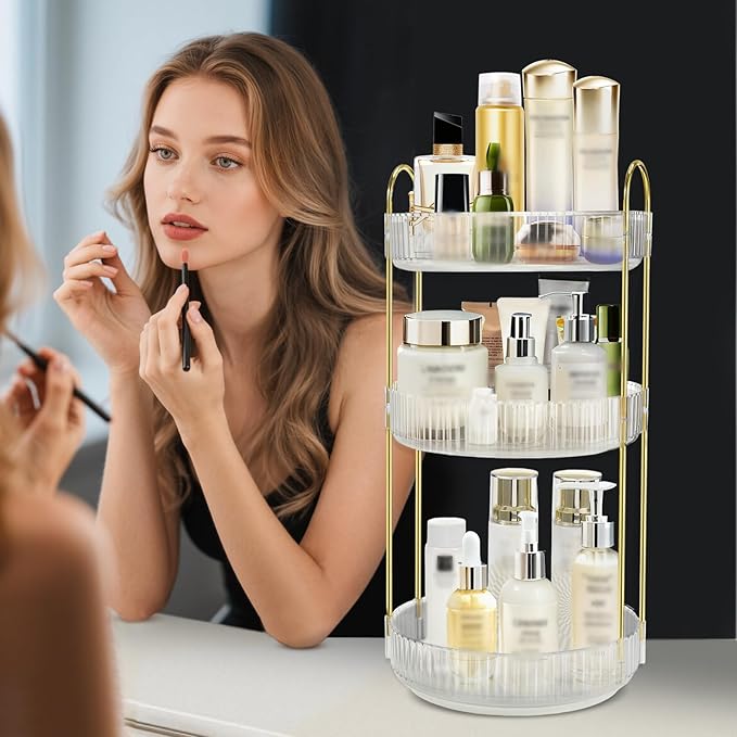 360 Rotating Makeup Organizer for Vanity,3 Tier Large Capacity Skincare Organizers,Bathroom Counter Organizer, transparent Spinning Perfume & Vanity Organizer (White, 3 Tier)-NeatNest