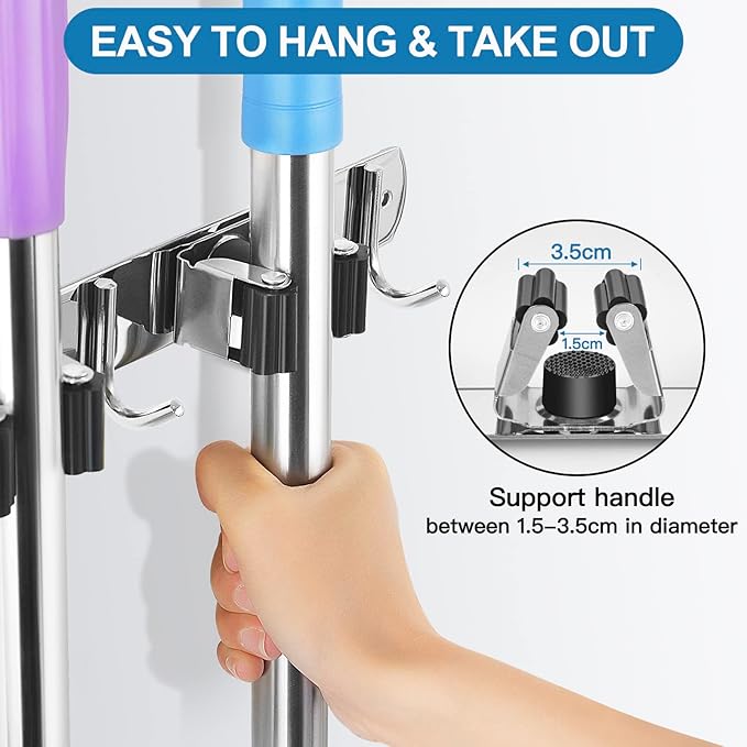 IMILLET 2 Broom Holder Wall Mounted, Stainless Steel Broom Mop Holder Self Adhesive Heavy Duty Hooks Storage Organizer for Home Laundry Room Garden Garage Closet Kitchen(4 Racks with 5 Hooks)-NeatNest