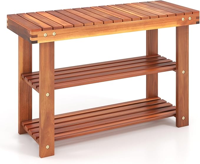 Tangkula Acacia Wood Shoe Rack Bench, 3 Tier Sturdy Storage Organizer, Holds up to 180lbs for Entryway Bedroom Living Room Balcony, Teak Color (27.5-inch)-NeatNest