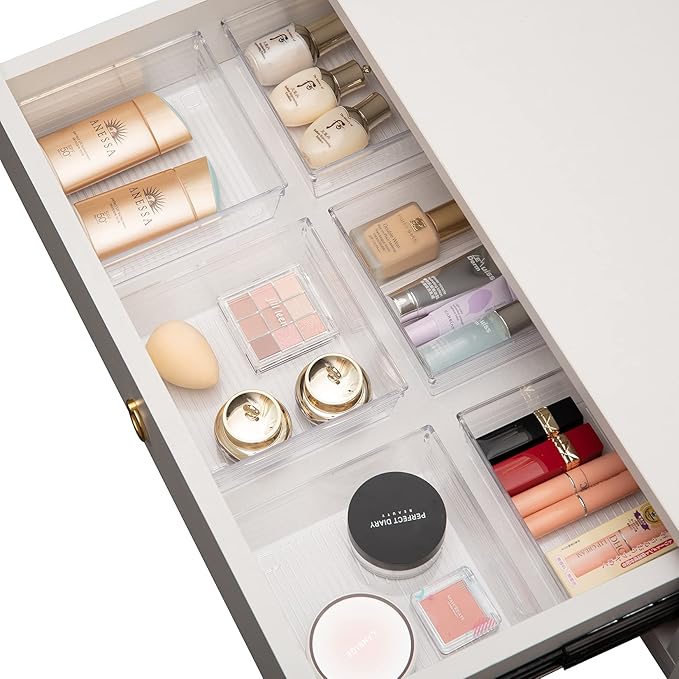 Backerysupply Clear Plastic Drawer Organizer Tray for Vanity Cabinet (6"×6"×2",Set of 8),Storage Tray for Makeup, Kitchen Utensils, Jewelries, and Gadgets…-NeatNest