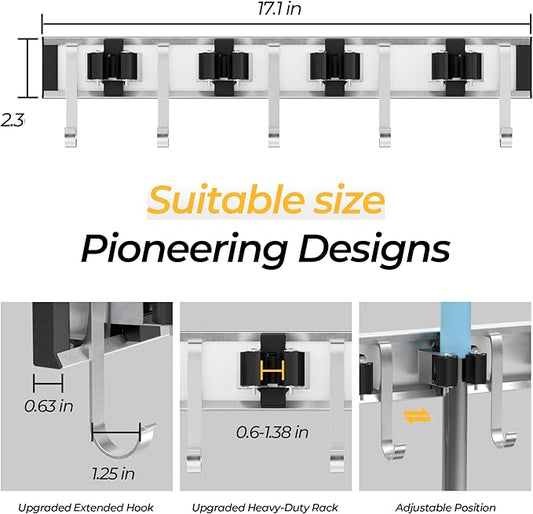 Broom Holder Wall Mount, 4 Star Roller Clips & 5 Extra Long Hooks, Thickened Backboard, Heavy Duty 55lbs Garden Tool Organizer for Mop, Rake, Shovel Storage-NeatNest