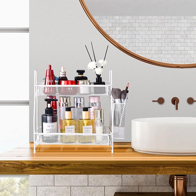 LEMIKKLE Countertop organizer for bathroom counter, bathroom organizers and storage, spice rack organizer for kitchen counter shelf with small basket(White)-NeatNest