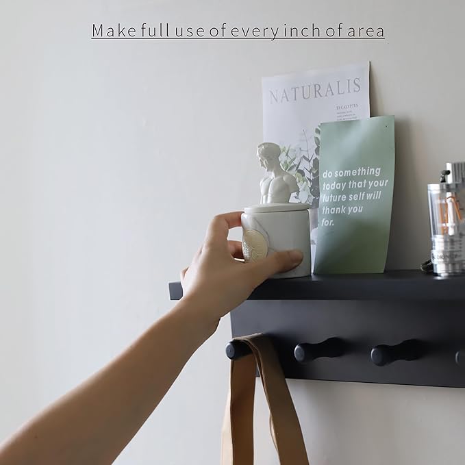 Entrance Coat Rack ,Coat Hooks, Wall-Mounted Wooden Hook Rack, Wall-Mounted Shelves are Very Suitable (Black Finish-2)