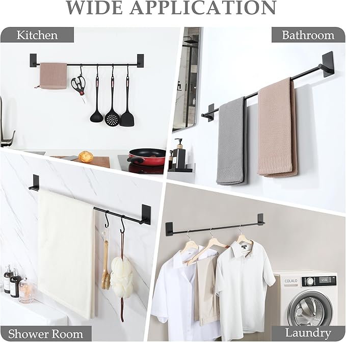 Alise Towel Racks for Bathroom, 28 Inch SUS 304 Stainless Steel Adhesive Towel Bar No Drill, Strong Adhesion Matte Black Towel Rack, Rustproof Bath Towel Holder