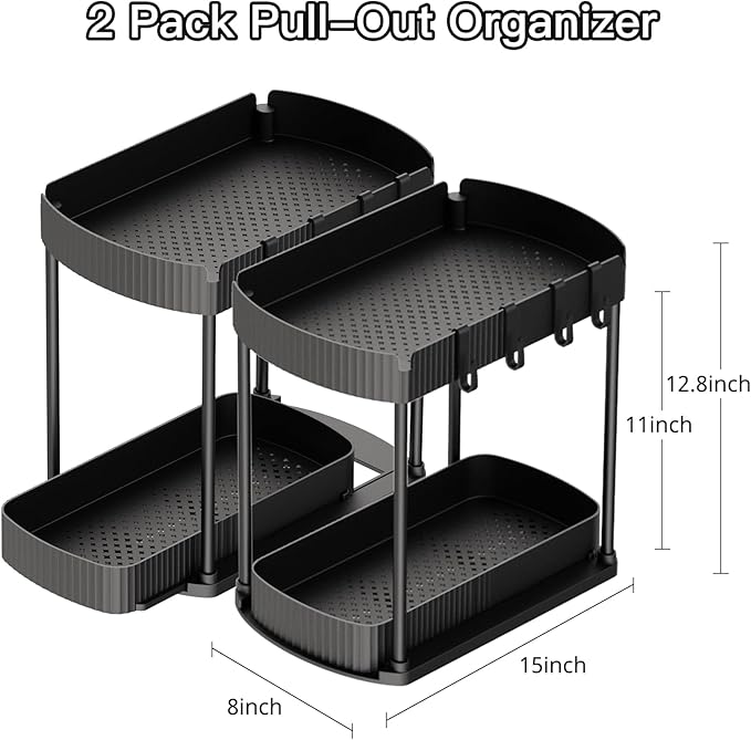 2 Pack Multi-Purpose Pull-Out Storage Organizers, Under Sink Organizers and Storage for Bathroom & Kitchen, Under Cabinet Organizers and storage, 12.8 Inch, Black-NeatNest