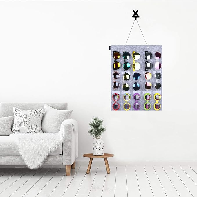 AROUY Sunglasses Organizer Storage, Hanging Wall Pocket Glasses Organizer - 15 Felt Slots Sunglass Organizer Holder Eyeglass Display with Sturdy Rope (Gray, Small)-NeatNest