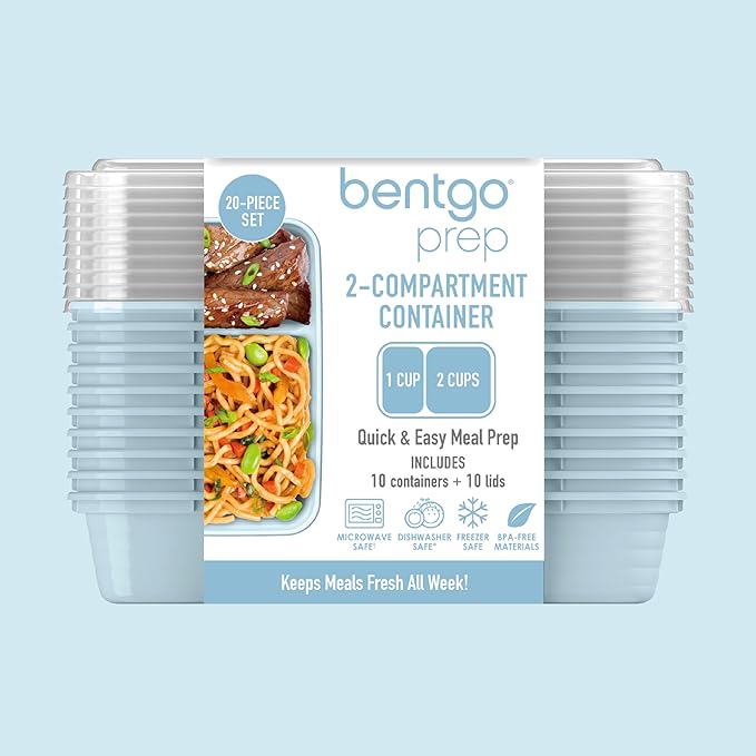 Bentgo 20-Piece Lightweight, Durable, Reusable BPA-Free 2-Compartment Containers - Microwave, Freezer, Dishwasher Safe - Sky-NeatNest