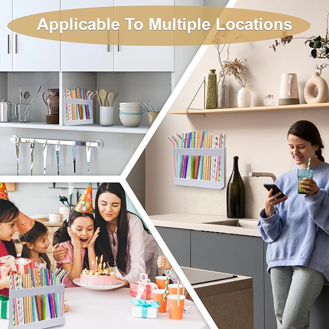 Acrylic Straw Holder Dispenser with Double Sided Adhesive Tape Reusable Tumbler Lid Straw Organizer Storage Container for Counter Cabinet Cupboard Kitce (White)