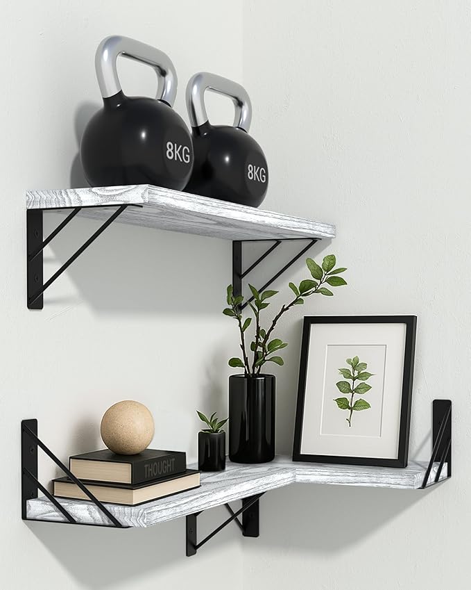 BAYKA Wall Shelves for Bedroom Decor, Floating Wall Shelves for Living Room Kitchen Storage, Wall Mounted Rustic Wood Floating Shelves for Kids Books,Corner Shelves for Bathroom(White,Set of 3)-NeatNest