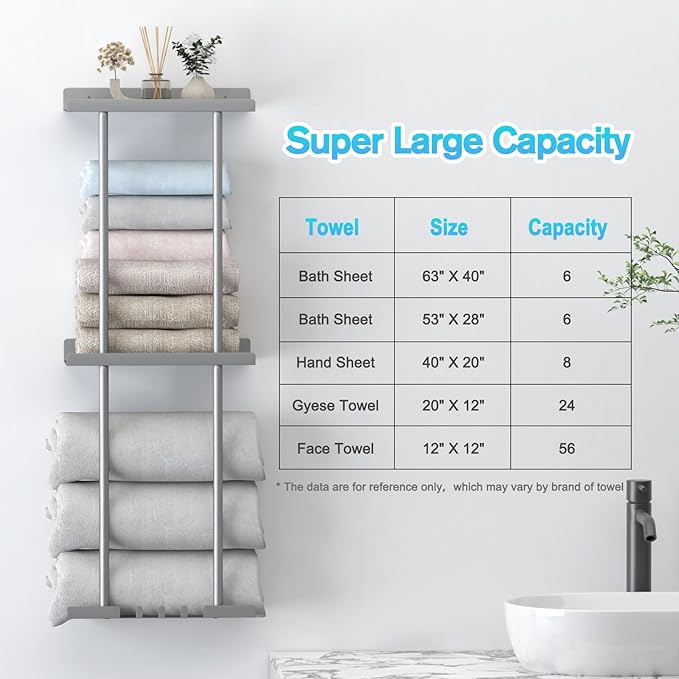 LiuoudTowel Rack for Bathroom, Wall Mounted Vertical Rolled Towel Storage Organizer Holder with Shelf, Holds Up 6 Large Bath Sheets, Silver Grey Large