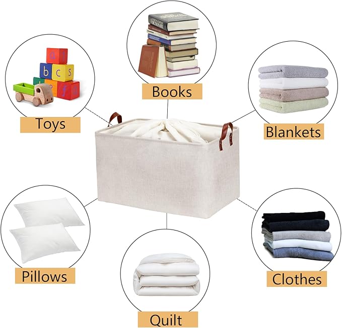 DULLEMELO Large Beige Storage Basket 70L Oversized Canvas Fabric Storage Bin, Collapsible Rectangular Toys Basket Organizer with Handles, 22X15 Storage Container for Clothes, Blankets, Pillows-NeatNest