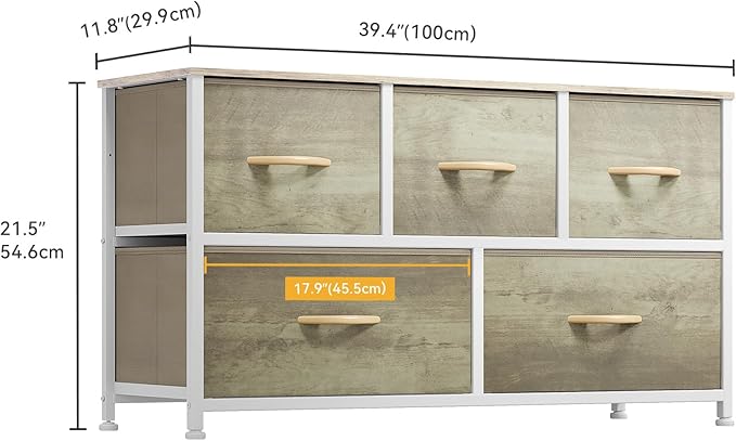 DWVO Wide Chest of Drawers, Dresser with 5 Drawers, Oak Grain Fabric Storage Tower, Dresser for Bedroom with 5 Drawers, Living Room, Closets - Sturdy Steel Frame, Wooden Top-NeatNest