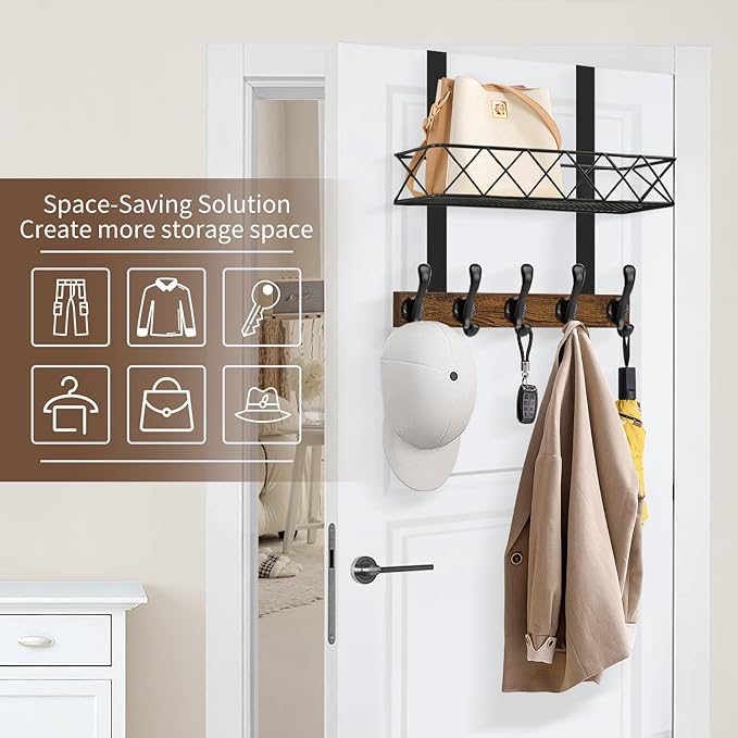 YINMIT Over The Door Hooks Organizer, Over The Door Hanger with Basket, Over The Door Towel Rack with 5 Metal Hooks, Over Door Hanger for Bathroom, Bedroom, Kitchen