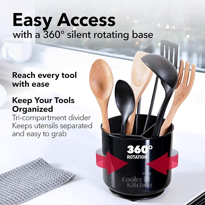Extra Large Sturdy Rotating Black Utensil Holder Caddy with No-Tip Weighted Base, and Gripped Insert - Rust Proof and Dishwasher Safe Kitchen Utensils Holder-NeatNest
