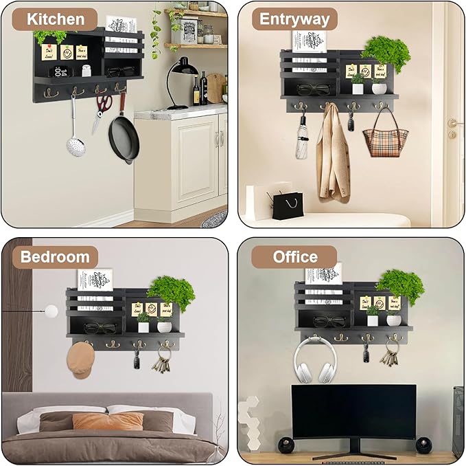 Farmhouse Wall Decor Key Holder with Mail Organizer - Solid Wood Wall Mount Key Rack (8 Hooks) | Self-Adhesive/Drill Install | Entryway Shelf for Keys, Sunglasses & Home Organization (BLACK)
