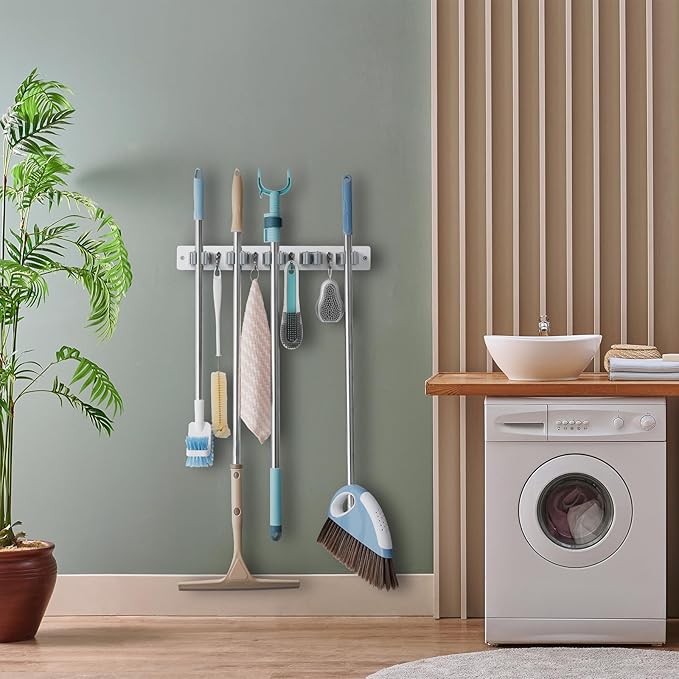 Mop and Broom Holder Wall Mount - White Broom Mop Hanger - Wall Mounted Garden Tool Rack Organizer for Closet Garage Laundry Room Kitchen Decor With 5 Slots & 4 Hooks-NeatNest