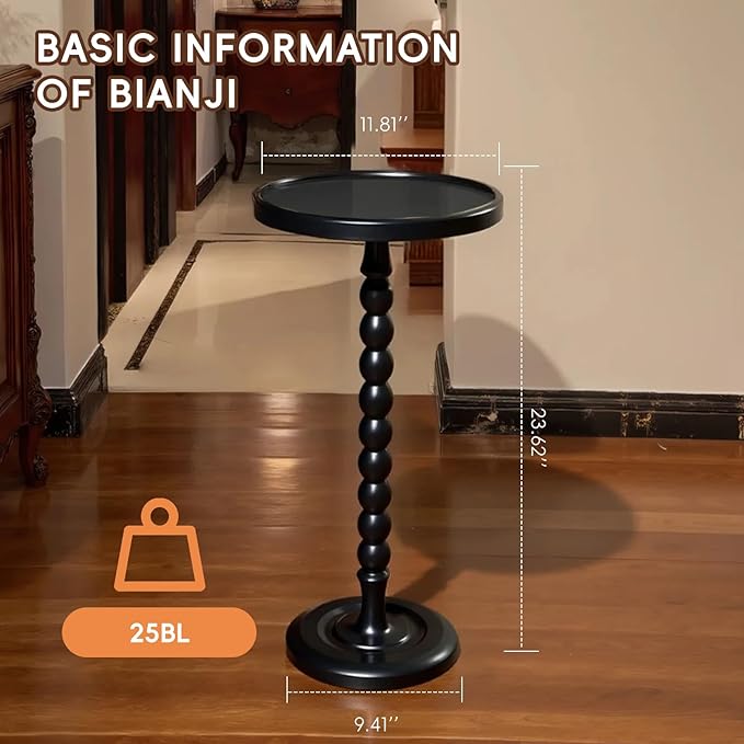 Small Accent Wood End Table, 12inch Round Bedside Table, Natural Side Table Nightstand for Family, Bedroom, Living Room, Handcrafted Finish, Black