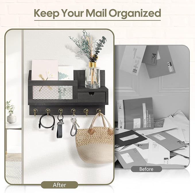 FifthQuarter Key and Mail Holder for Wall, Mail Organizer Wall Mount with 6 Hooks and Storage Drawer, Easy Installation Key Rack for Entryway and Home Decor (B-Black)