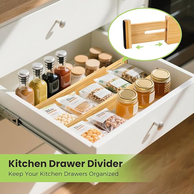 Drawer Divider, Adjustable Bamboo Kitchen Drawer Organizer, Spring Loaded Drawer Organizer, Dresser Separators for Kitchen, Bathroom, Clothes, Office Desk Storage (Natural, 4 Pack Large)-NeatNest