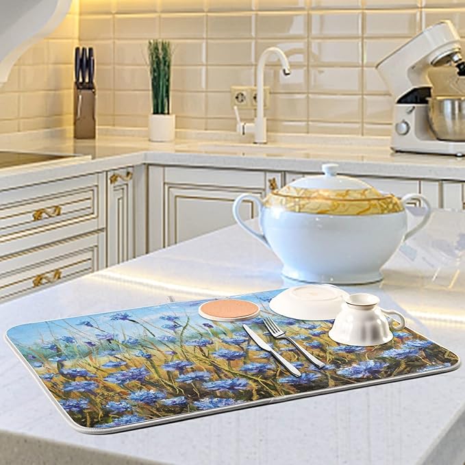 Absorbent Dish Drying Mat for Kitchen Counter - Oil Painting Flowers Microfiber Drying Pad, Reversible Drainer Mats for Countertop, Small 16" x 18"