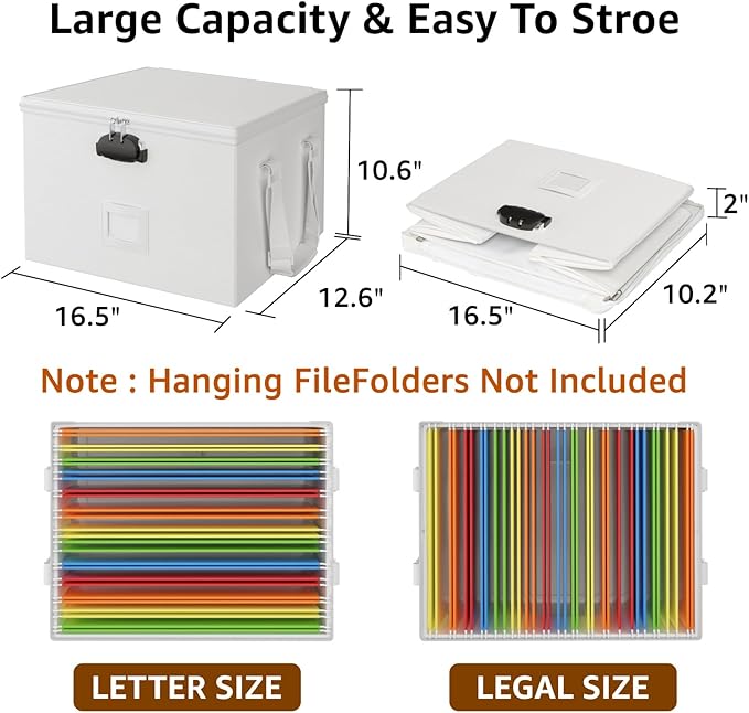Fireproof Document Box File Organizer - Waterproof Locking Filing Portable Storage Box with Handle for Hanging Letter/Legal Folder Important Document