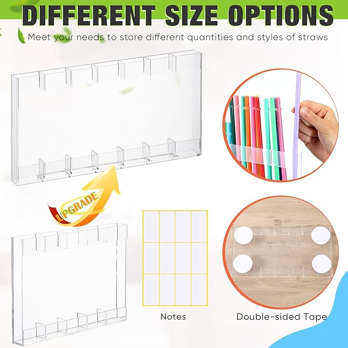 Acrylic Straw Holder for Cabinet Door with Double Sided Adhesive Tape Reusable Straw Organizer Tumbler Storage Kitchen Accessories Container for Counter Cupboard(Classic,Extra Large,Clear)