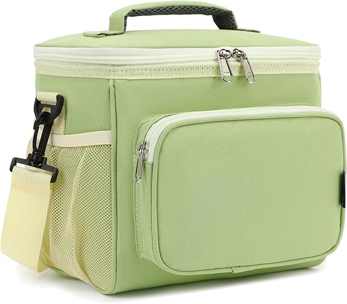 FlowFly Insulated Reusable Lunch Bag Adult Large Lunch Box for Women and Men with Adjustable Shoulder Strap,Front Zipper Pocket and Dual Large Mesh Side Pockets,Light Matcha-NeatNest