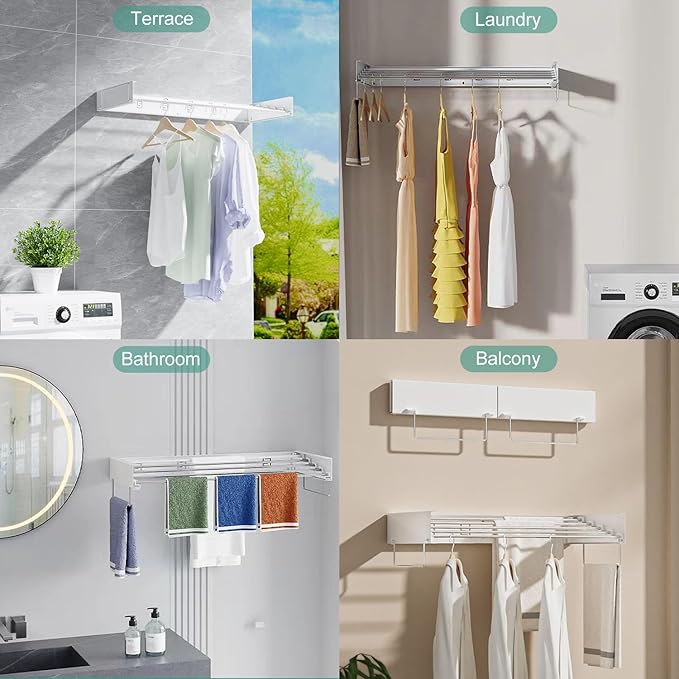 Wall Mounted Laundry Rack, Collapsible Clothes & Towel Drying Rack for Indoor & Outdoor, 60 lb Capacity, 31.5' Wide, 13.5 Linear Ft, White