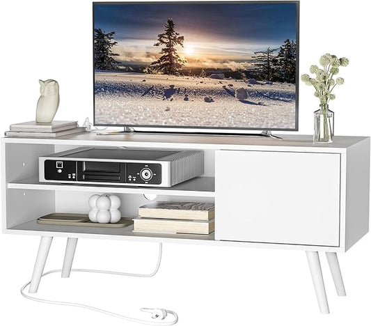 Cozy Castle TV Stand for 48 Inch TV, Mid Century Modern Entertainment Center with Storage Cabinet, TV Media Console with Charging Station for Living Room, Bedroom, White-NeatNest