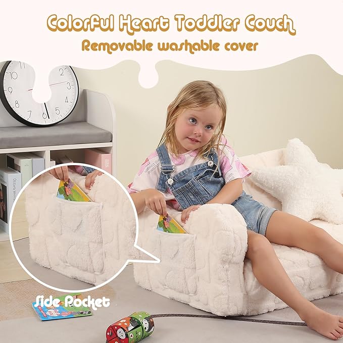 Extra Wider Seating Toddler Couch, 2-in-1 Toddler Soft Couch Fold Out with Star Pillow, Convertible Sofa to Lounger for Girls and Boys, Cream Heart-NeatNest