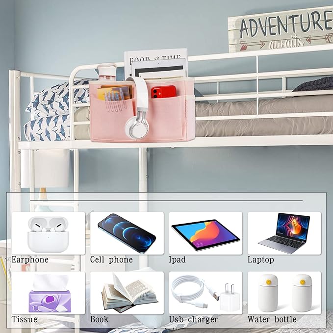 Bedside Caddy Bedside Storage Organizer Hanging Bunk Bed Dorm Room with Side Pockets for Water Bottles, Books, Cell Phones, Headphones 2 Pack (Pink)-NeatNest