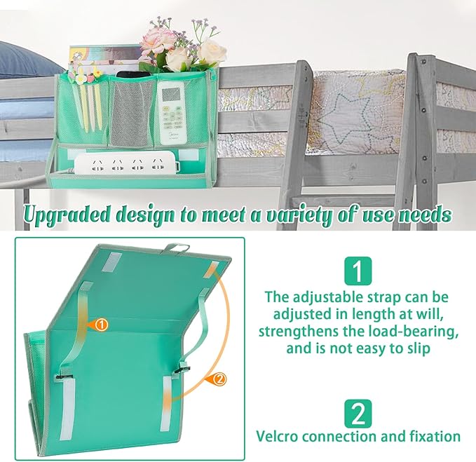 Bedside Caddy Bedside Storage Organizer Bedside Organizer with Power Strip Holder and 2 Adjustable Straps for Home Bunk Bed College Dorm Sofa (Green)-NeatNest