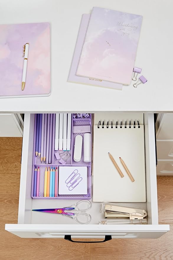 Annova Desk Drawer Organizer Tray for Office Organization - Metal Mesh - Storage Tray with Dividers for Pens, Desktop Accessories, Bathroom, Kitchen, Makeup and Office Supplies (Small, Purple)-NeatNest