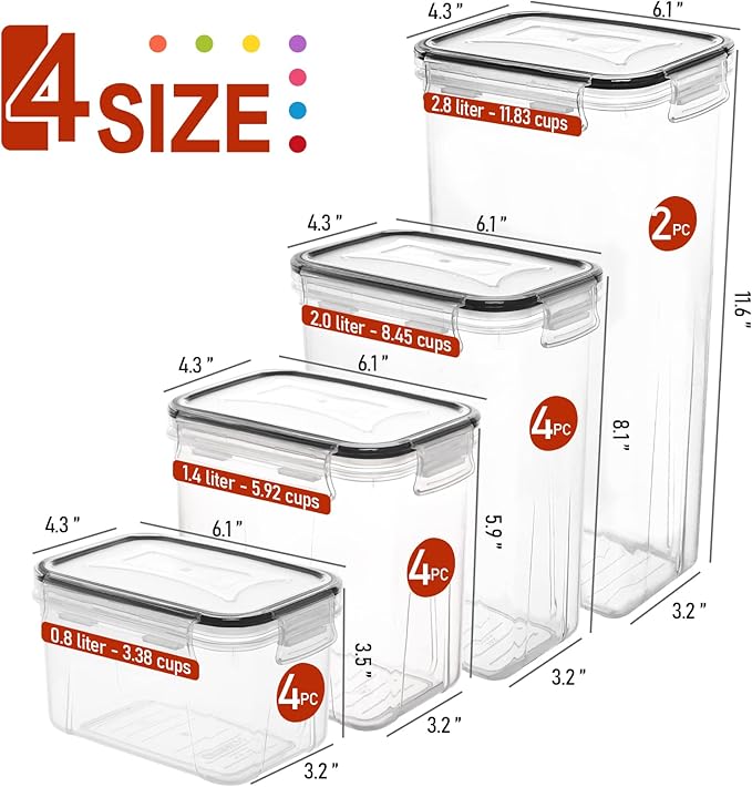 Skroam 14 Pack Airtight Food Storage Containers for Kitchen Pantry Organization and Storage, Plastic Canister Set with Lids, Cereal, Flour & Sugar Containers- Spoon Set, Labels & Marker