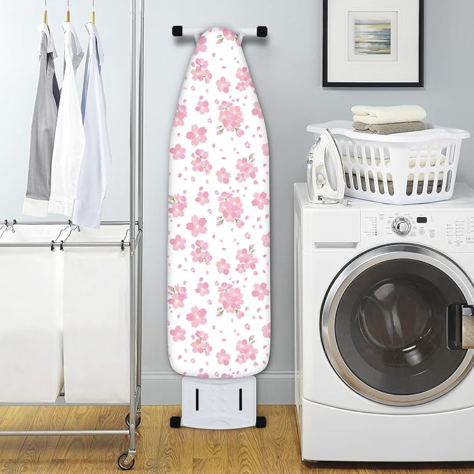 Extra Thick Ironing Board Cover and Pad, Cherry Blossoms 15x54 Ironing Board Cover, Resist Scorching and Staining,Elastic Edges,Pink Floral Leaves Spring Flower White