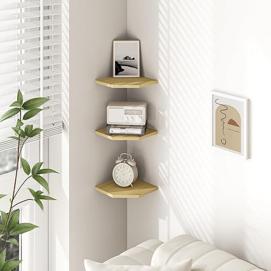Corner Shelf Wall Mount, Floating Corner Shelves, Set of 3 Corner Wall Shelf Organizer, Rustic Wood Wall Storage Display Shelves for Living Room Bedroom Bathroom Kitchen, Rustic Brown, Oak-NeatNest