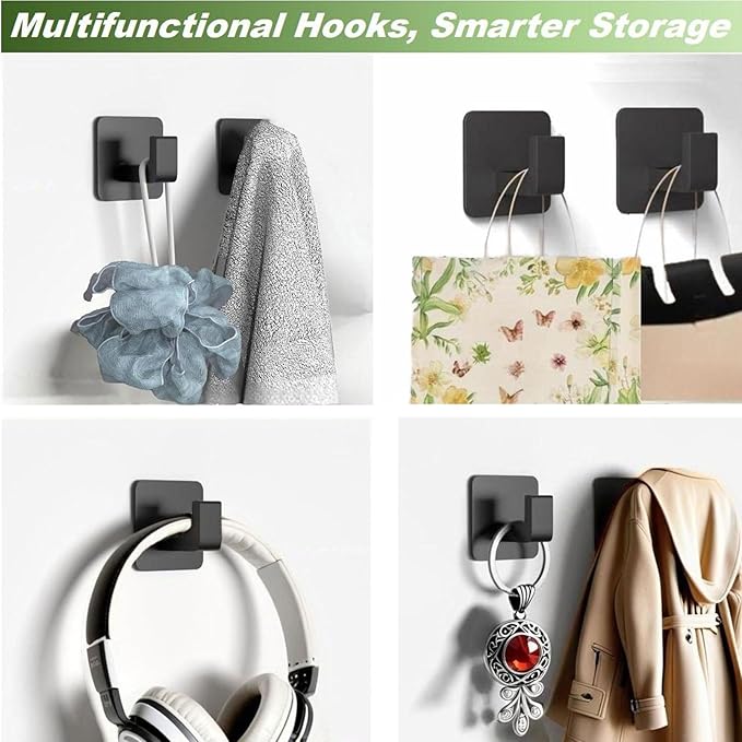 Adhesive Shower Hooks, Towel Hooks for Hanging Robe, Coat, Hat, Loofah, Heavy Duty Wall Hooks Stick on Bathroom, Kitchen and Office (2 Pack, Black)