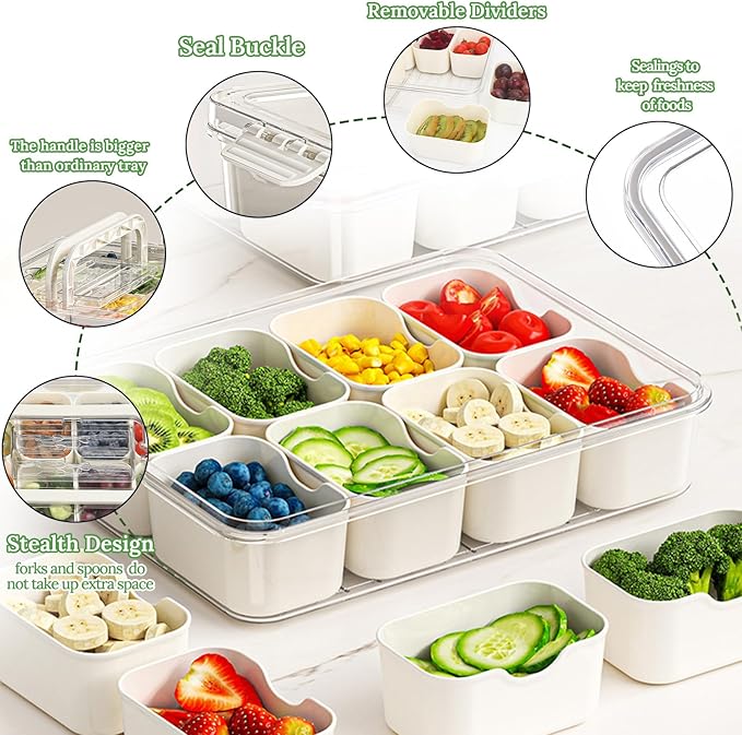 Divided Serving Tray with Lid and Handle, Snack Box Container with Fork and Spoons, Portable Charcuterie Container, Food Platter Snackle Box for Party, Veggies, Fruits, Snacks, Entertaining, Picnic-NeatNest